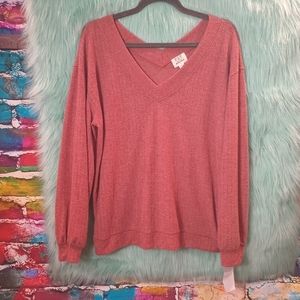 PST Soft Rust Terracotta Fuzzy Long Sleeve V Neck Top Size L